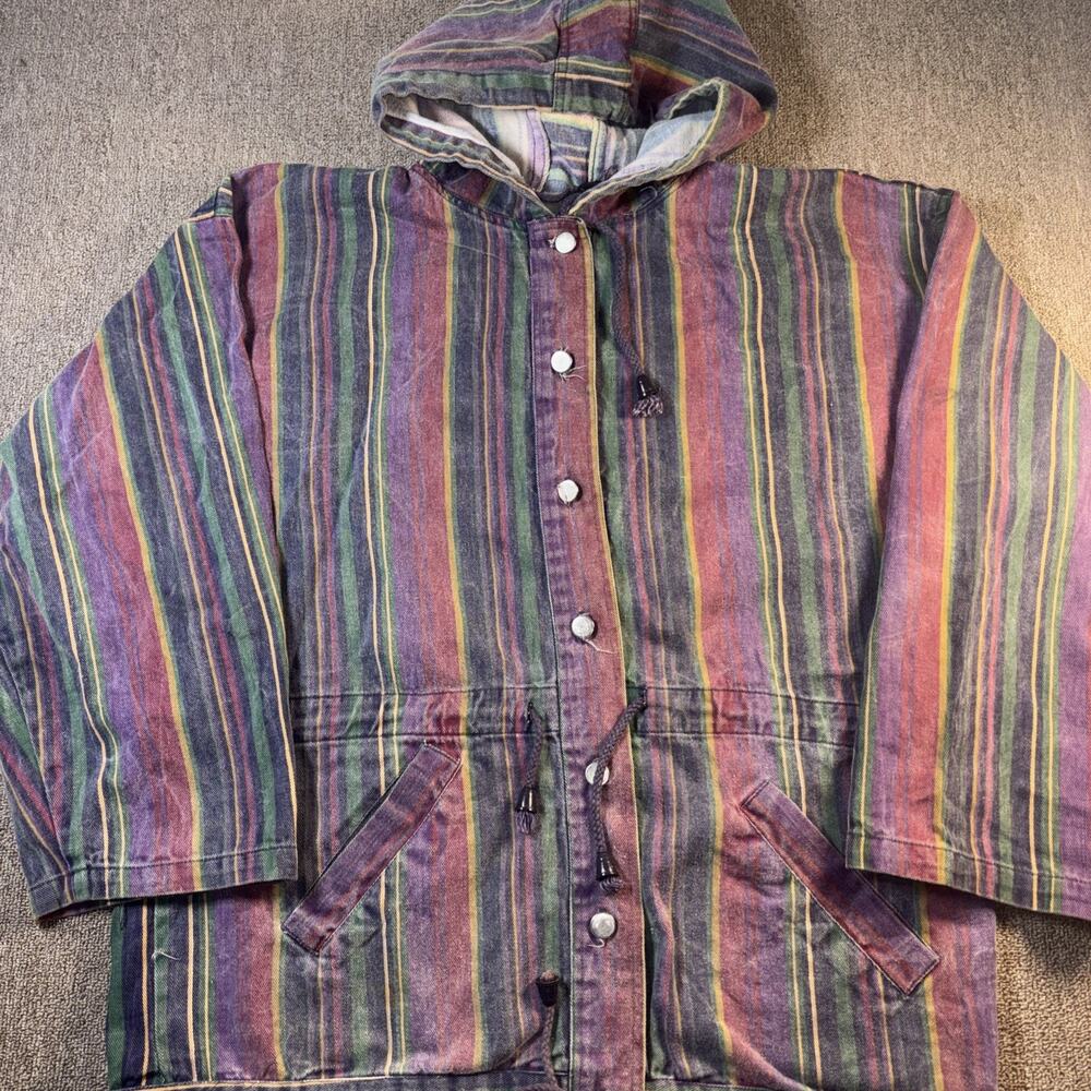 VTG Happy Legs Hooded Parka Striped Button Up Small